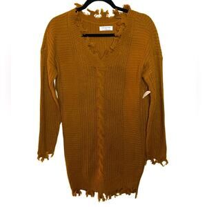 NWT Full Circle Trends Distressed Mustard Yellow Sweater Dress Size L